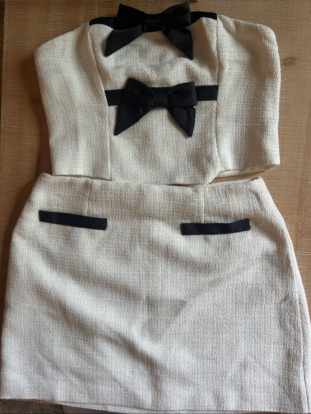 Showpo White Tweed Two-Piece Skirt Set with Black Bow Trim